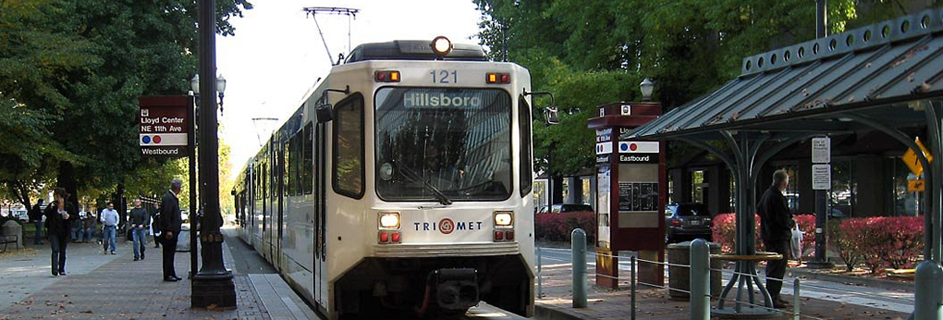 at the Lloyd Center stop beside the convention hotel, westbound for downtown
